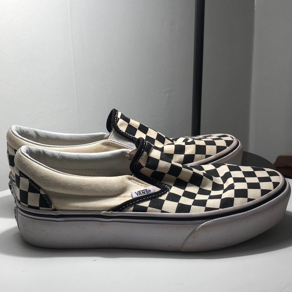 Black and white checkers platform vans